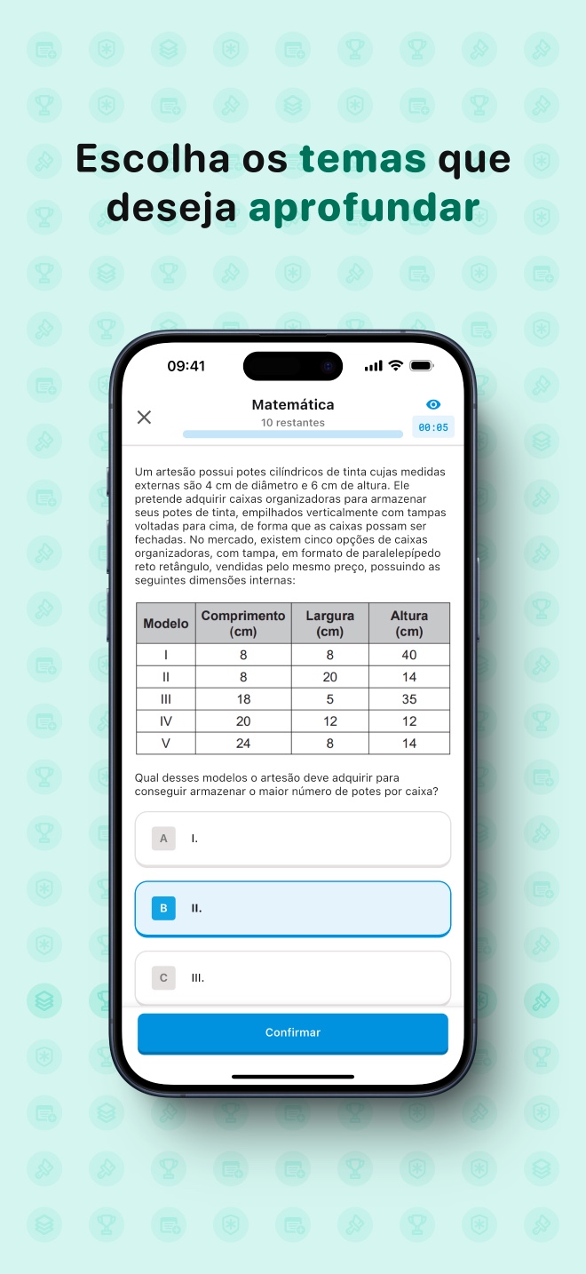 Tela de questões do app organizadas por área de conhecimento
